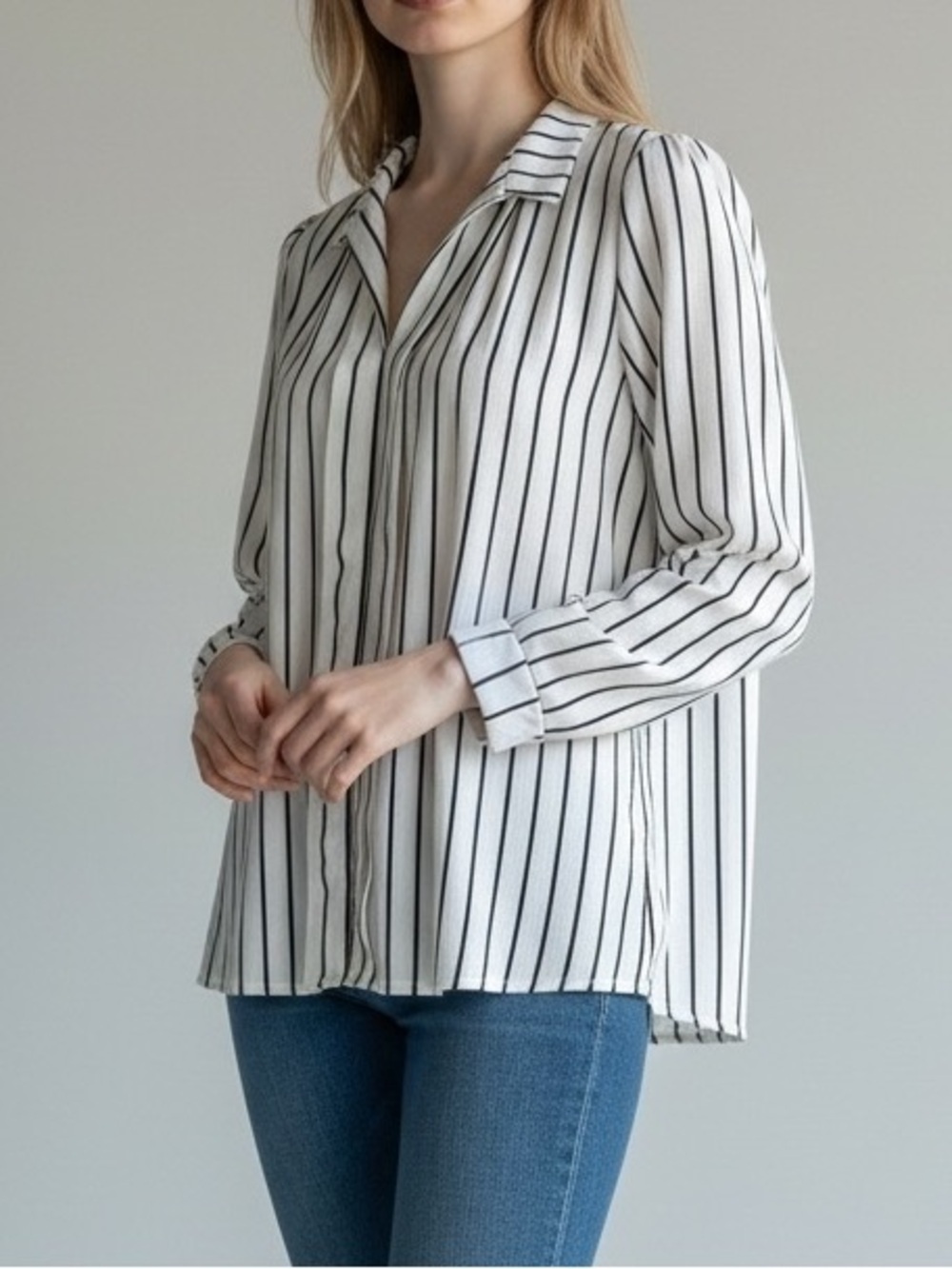 Black & White Striped Collared Blouse Long Sleeve Cotton Blend Office Trending